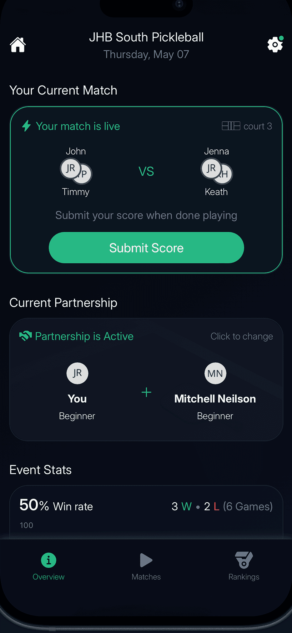 Next-Up app league night screen showing a live match and partnership