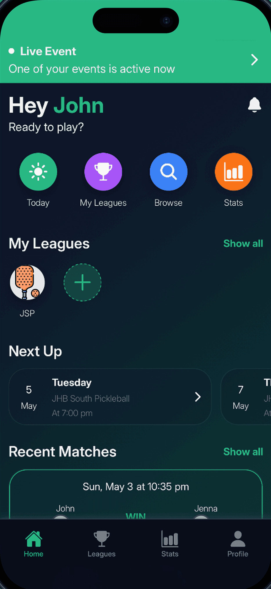 Next-Up app home screen with a live league night and upcoming matches